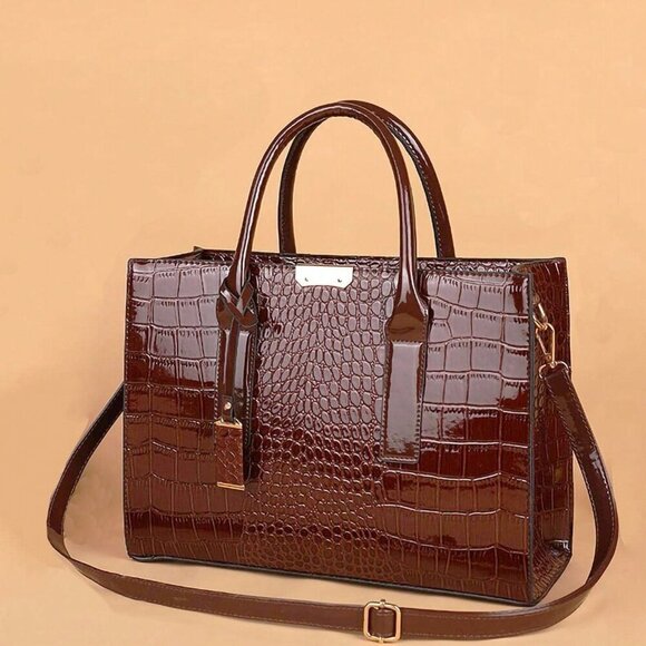 MODA ME COUTURE Handbags - Brown Fashionable Women's Double Handle Crocodile Embossed Polyurethane Bag